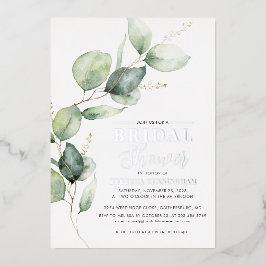 Invitación Con Relieve Metalizado Eucalyptus Greeneration Script Bridal Shower Silve