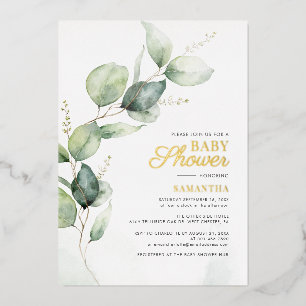 Invitación Con Relieve Metalizado Eucalyptus Greenery Baby Shower Gold