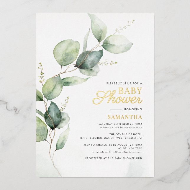 Invitación Con Relieve Metalizado Eucalyptus Greenery Baby Shower Gold (Anverso)