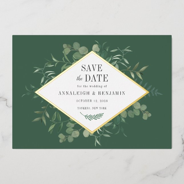 Invitación Con Relieve Metalizado Eucalyptus Greenery Botanical Save the Date Gold (Anverso)