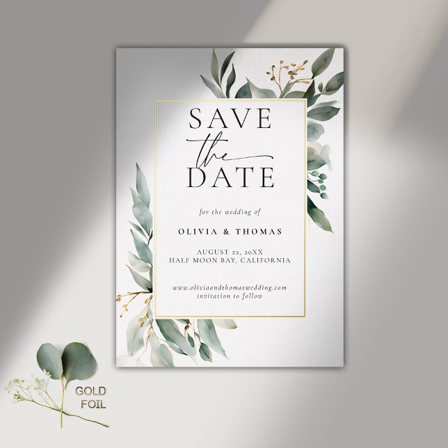 Invitación Con Relieve Metalizado Eucalyptus Greenery Elegant Gold Boda Save Date (modern simple wedding save the date typography calligraphy eucalyptus greenery gold foil frame)