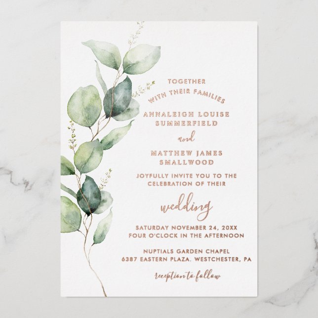 Invitación Con Relieve Metalizado Eucalyptus Greenery Foliage Boda Rosa Gold (Anverso)