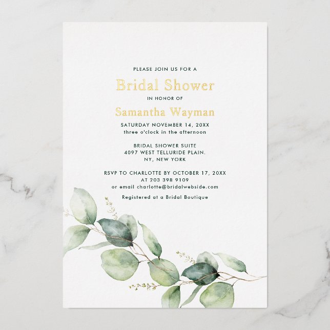 Invitación Con Relieve Metalizado Eucalyptus Greenery Foliage Bridal Shower Gold (Anverso)