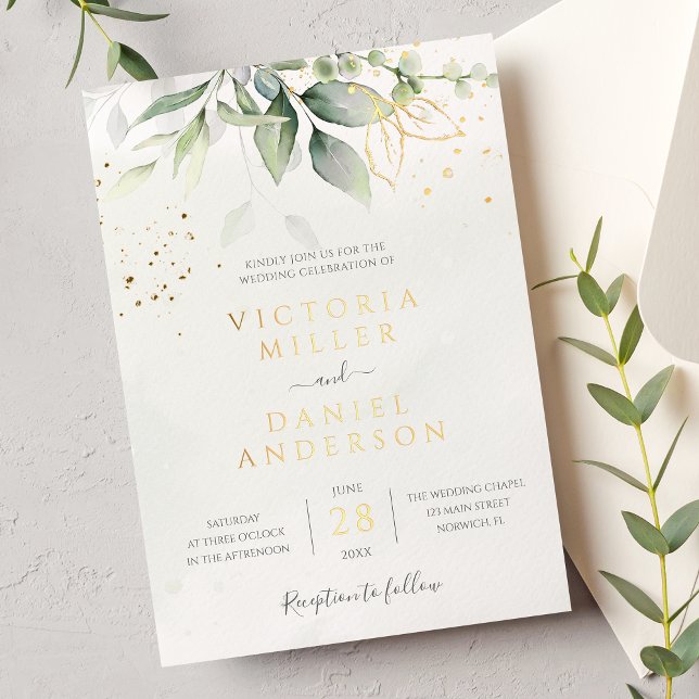 Invitación Con Relieve Metalizado Eucalyptus Greenery Gold deja Boda botánico (Subido por el creador)