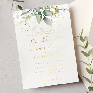 Invitación Con Relieve Metalizado Eucalyptus Greenery Gold deja Boda botánico