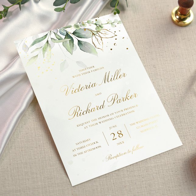 Invitación Con Relieve Metalizado Eucalyptus Greenery Gold deja Boda botánico (Subido por el creador)