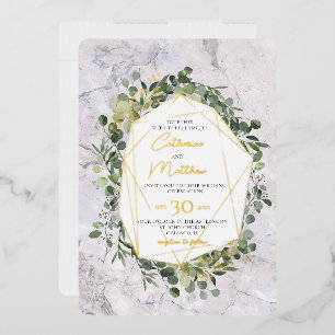 Invitación Con Relieve Metalizado Eucalyptus Greenery Gold Frame Marble Boda