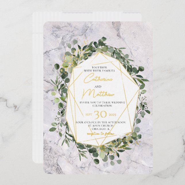 Invitación Con Relieve Metalizado Eucalyptus Greenery Gold Frame Marble Boda (Sobre)