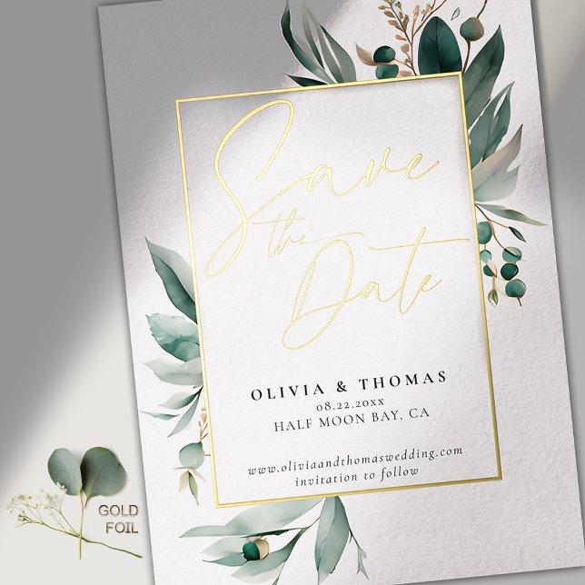 Invitación Con Relieve Metalizado Eucalyptus Greenery Gold Romance Boda Save Date (modern simple wedding save the date typography calligraphy eucalyptus greenery emerald green gold )