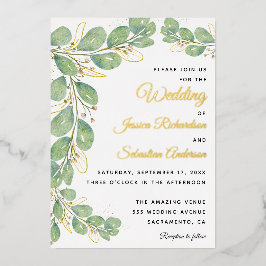 Invitación Con Relieve Metalizado Eucalyptus Greenery Gold White Elegant Wedding