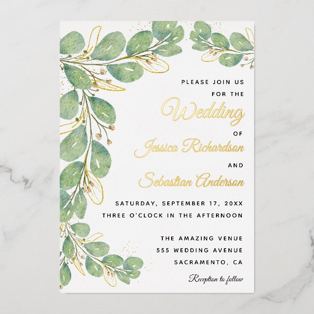 Invitación Con Relieve Metalizado Eucalyptus Greenery Gold White Elegant Wedding (Anverso)