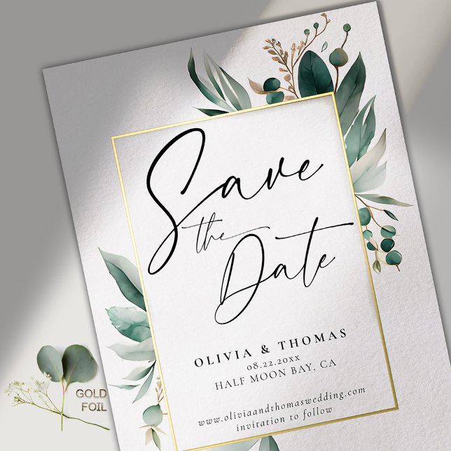 Invitación Con Relieve Metalizado Eucalyptus Greenery Romántico Boda Guardar fecha (modern simple wedding save the date typography calligraphy eucalyptus foliage emerald green gold)