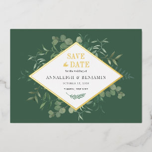 Invitación Con Relieve Metalizado Eucalyptus Greenery Save the Date Gold