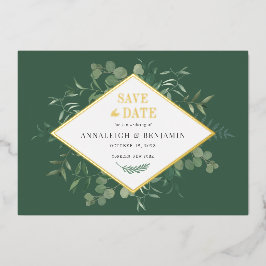 Invitación Con Relieve Metalizado Eucalyptus Greenery Save the Date Gold