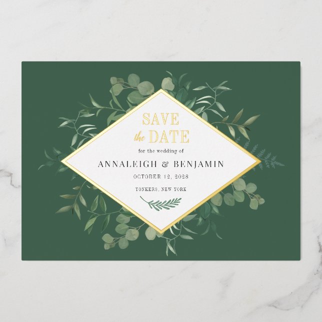 Invitación Con Relieve Metalizado Eucalyptus Greenery Save the Date Gold (Anverso)