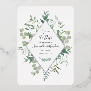 Invitación Con Relieve Metalizado Eucalyptus Greenery Save the Date Silver