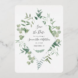 Invitación Con Relieve Metalizado Eucalyptus Greenery Save the Date Silver