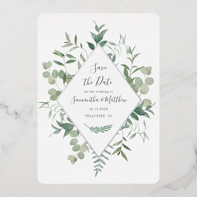 Invitación Con Relieve Metalizado Eucalyptus Greenery Save the Date Silver (Anverso)