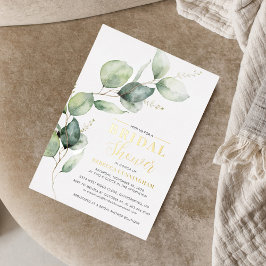 Invitación Con Relieve Metalizado Eucalyptus Greenery Script Bridal Shower Gold
