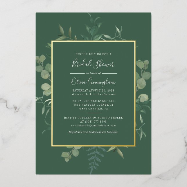 Invitación Con Relieve Metalizado Eucalyptus Greenery Watercolour Bridal Shower (Anverso)