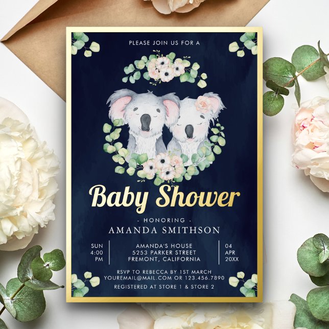 Invitación Con Relieve Metalizado Eucalyptus Koala Bear Twins Navy Baby Shower Gold (Subido por el creador)