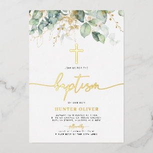Invitación Con Relieve Metalizado Eucalyptus Leaf Baptism Christening Relieve metali