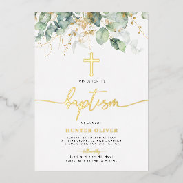 Invitación Con Relieve Metalizado Eucalyptus Leaf Baptism Christening Relieve metali