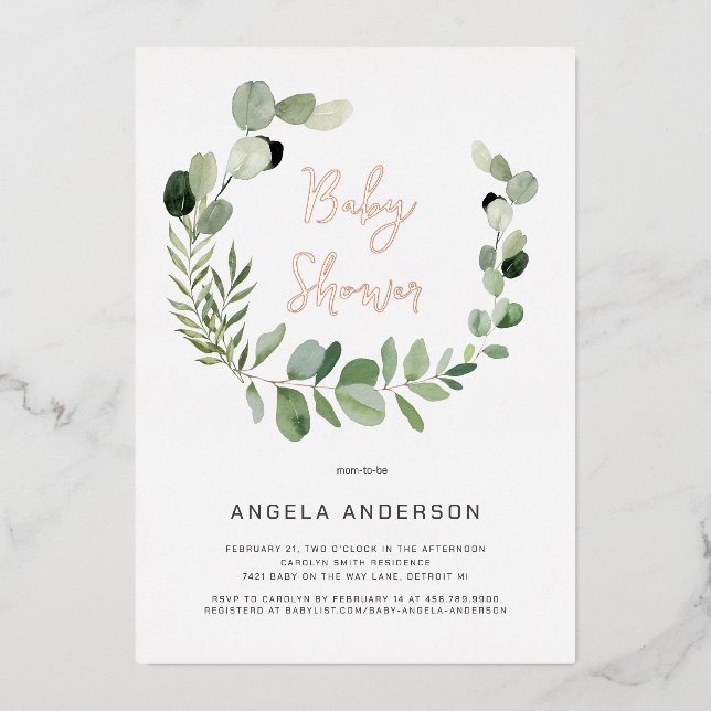 Invitación Con Relieve Metalizado Eucalyptus Modern Simplicidad Rosa Relieve metaliz (Anverso)