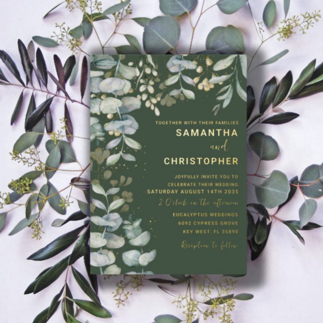 Invitación Con Relieve Metalizado Eucalyptus moderno Foliage Gold y Green Boda (Subido por el creador)