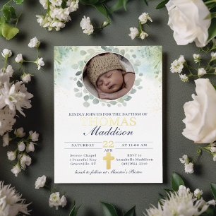 Invitación Con Relieve Metalizado Eucalyptus Photo Cross Watercolmo Bautismo