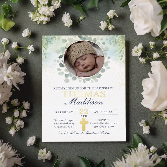 Invitación Con Relieve Metalizado Eucalyptus Photo Cross Watercolmo Bautismo (Subido por el creador)