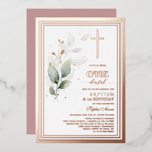 Invitación Con Relieve Metalizado Eucalyptus primer bautismo de cumpleaños