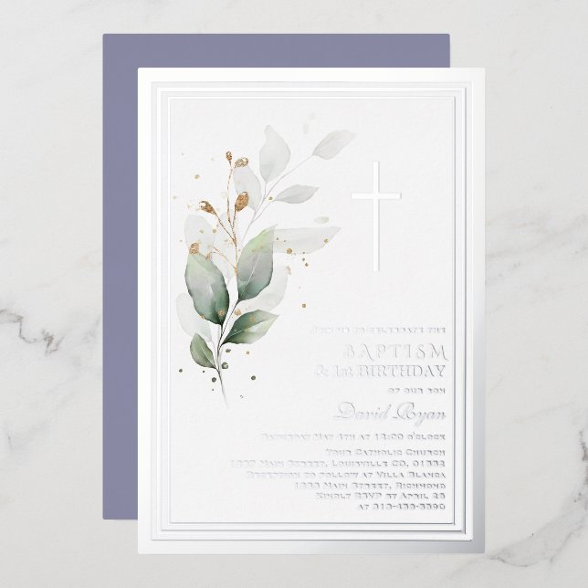 Invitación Con Relieve Metalizado Eucalyptus primer bautismo de cumpleaños (Anverso/Reverso)