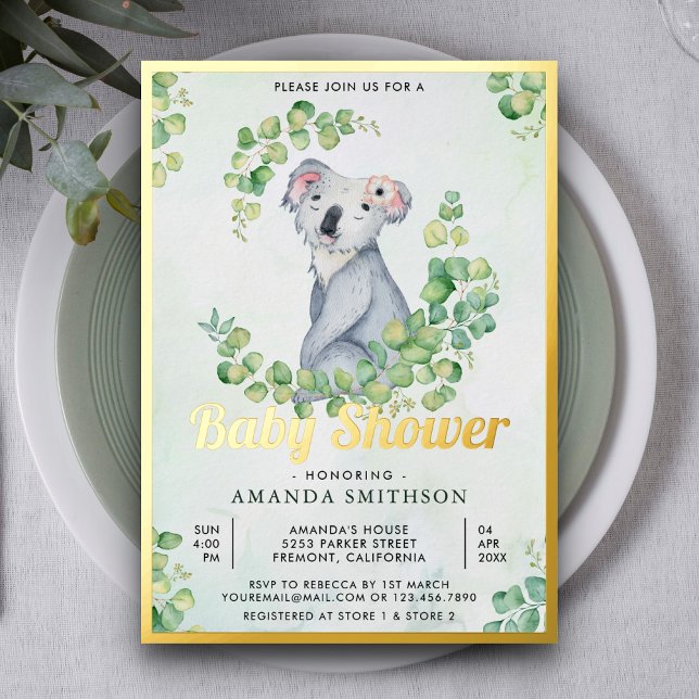 Invitación Con Relieve Metalizado Eucalyptus Rústico Cute Koala Oso Baby Shower Gold (Subido por el creador)