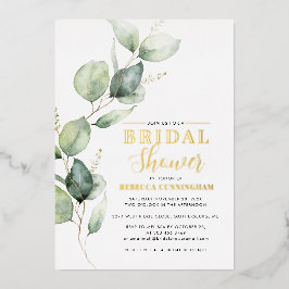 Invitación Con Relieve Metalizado Eucalyptus Watercolor Script Bridal Shower Gold