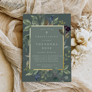 Invitación Con Relieve Metalizado Eucalyptus y Bautismo de Salario o Cristianismo