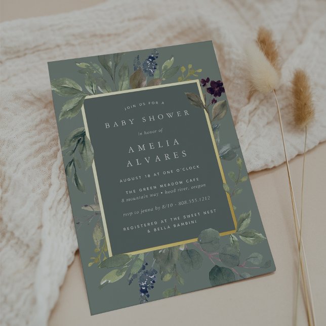 Invitación Con Relieve Metalizado Eucalyptus y Sage Baby Shower (Subido por el creador)
