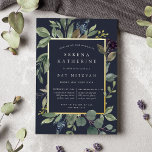 Invitación Con Relieve Metalizado Eucalyptus y Sage Bat Mitzvah<br><div class="desc">La invitación al murciélago botánico de moda mitzvah tiene un borde de hojas botánicas verdes de sabio exuberante y un follaje eucalipto de color agua con guarnecido de Relieve metalizado dorado. Personaliza con tu ceremonia y detalles fiestas en letras modernas con un rico fondo azul de medianoche.</div>