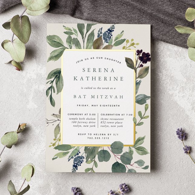 Invitación Con Relieve Metalizado Eucalyptus y Sage Bat Mitzvah (Subido por el creador)