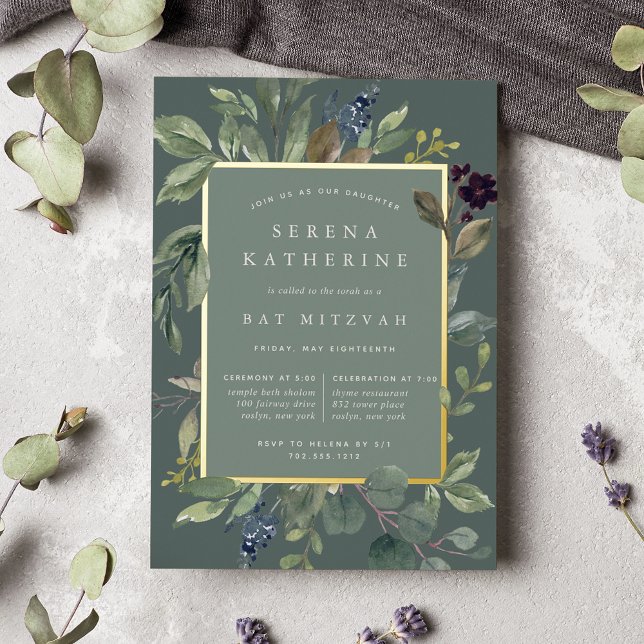 Invitación Con Relieve Metalizado Eucalyptus y Sage Bat Mitzvah (Subido por el creador)