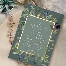 Invitación Con Relieve Metalizado Eucalyptus y Sage Primera Comunión Santa