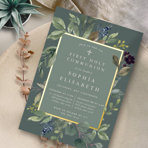 Invitación Con Relieve Metalizado Eucalyptus y Sage Primera Comunión Santa