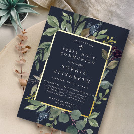 Invitación Con Relieve Metalizado Eucalyptus y Sage Primera Comunión Santa