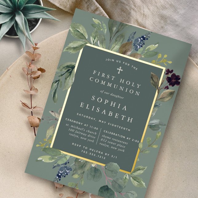 Invitación Con Relieve Metalizado Eucalyptus y Sage Primera Comunión Santa (Subido por el creador)