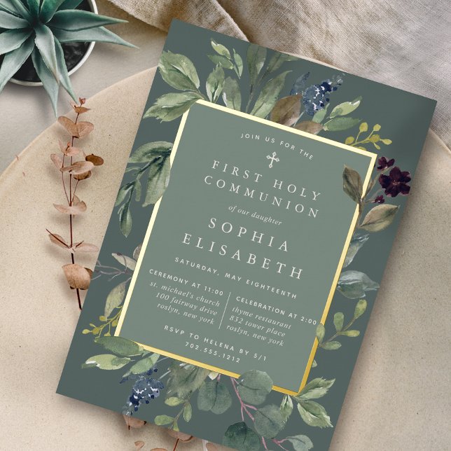 Invitación Con Relieve Metalizado Eucalyptus y Sage Primera Comunión Santa (Subido por el creador)