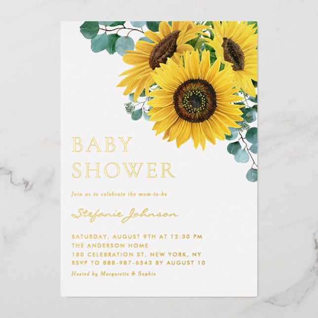 Invitación Con Relieve Metalizado Eucalyptus y Sunflowers Baby Shower (Anverso)