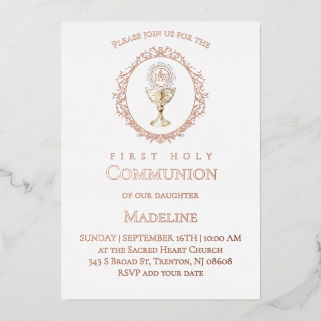 Invitación Con Relieve Metalizado Eucharist First Holy Communion rose gold (Anverso)
