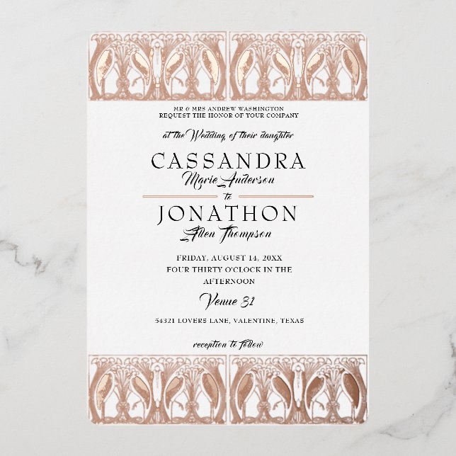 Invitación Con Relieve Metalizado Evento de Boda Rosa Gold (Anverso)