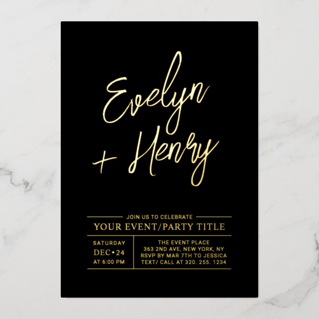 Invitación Con Relieve Metalizado Evento de fiesta moderno de oro y negro para cualq (Anverso)