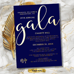 Invitación Con Relieve Metalizado Evento de Gala de Caridad Elegante Azul Oro